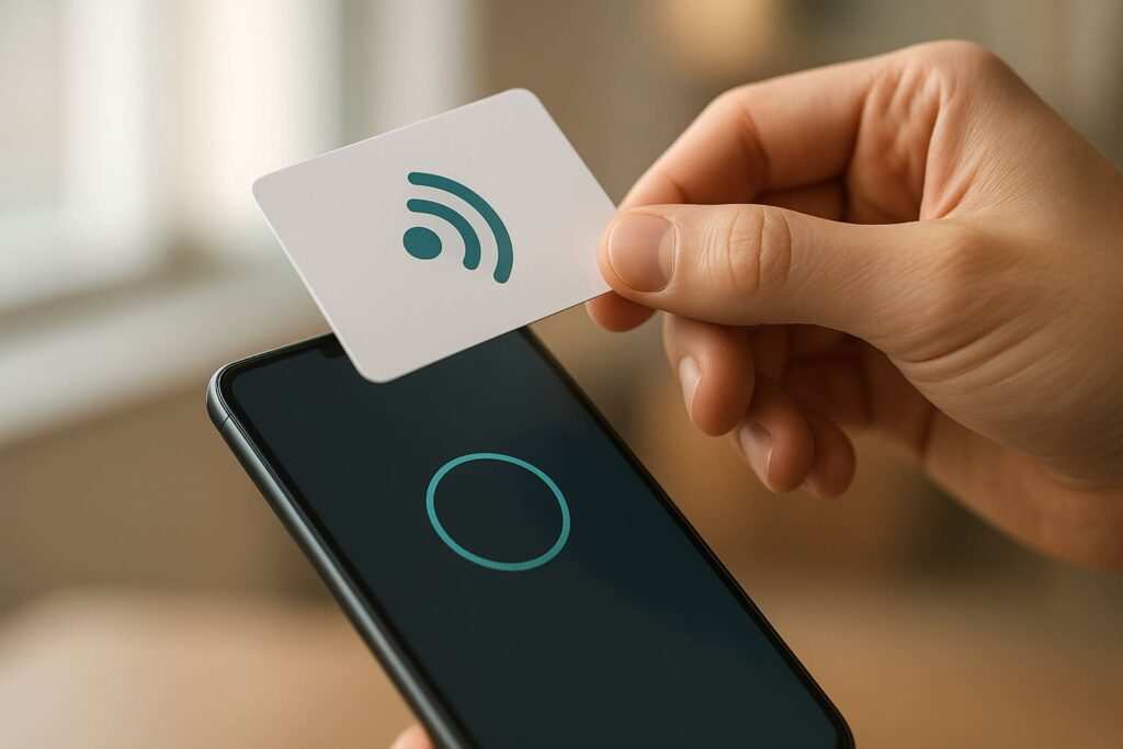 Person taps an NFC business card to a modern smartphone; the phone shows a link opening.