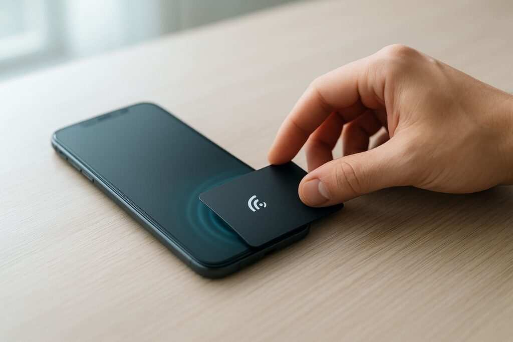 Hand tapping a modern smartphone to an NFC business card on a desk, illustrating contact sharing with a single tap.