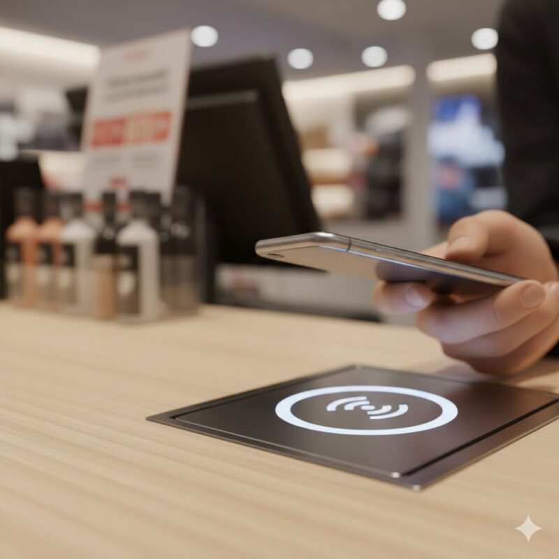  Person tapping the top of a smartphone to a generic contactless payment terminal, screen lit and ready.