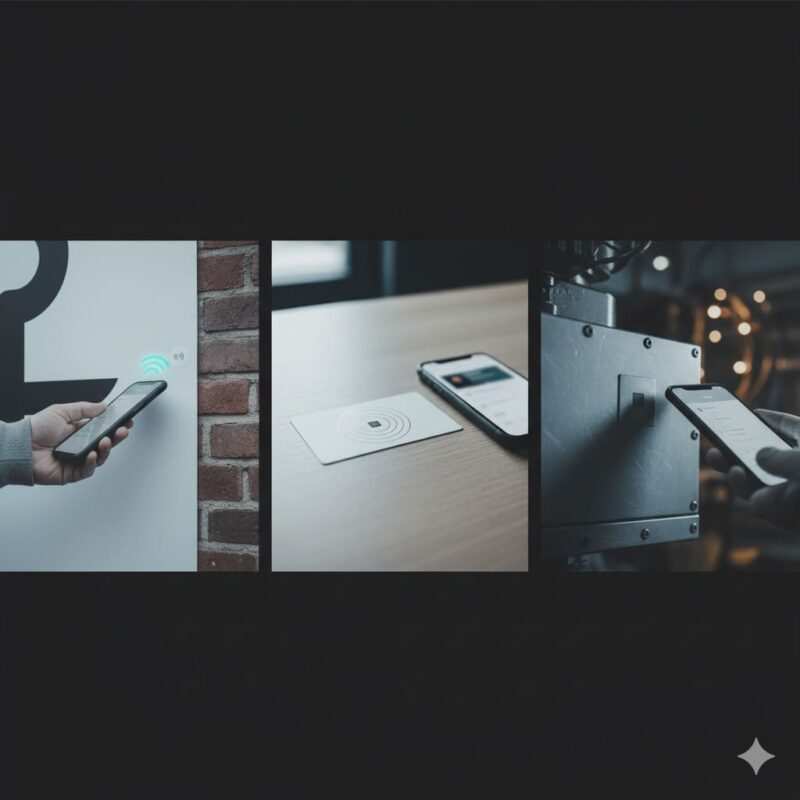 Triptych showing a smart poster tap, a digital business card tap, and an industrial equipment tag scan.