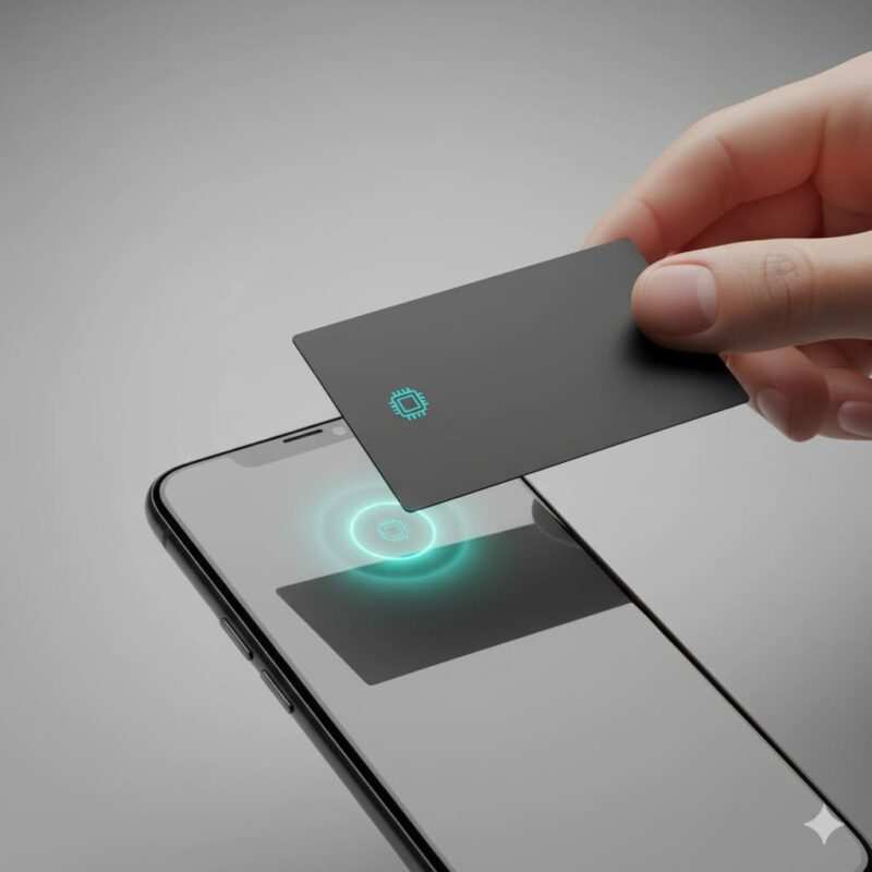 Close‑up of a phone’s top edge highlighted to indicate the NFC read area while a card approaches.
