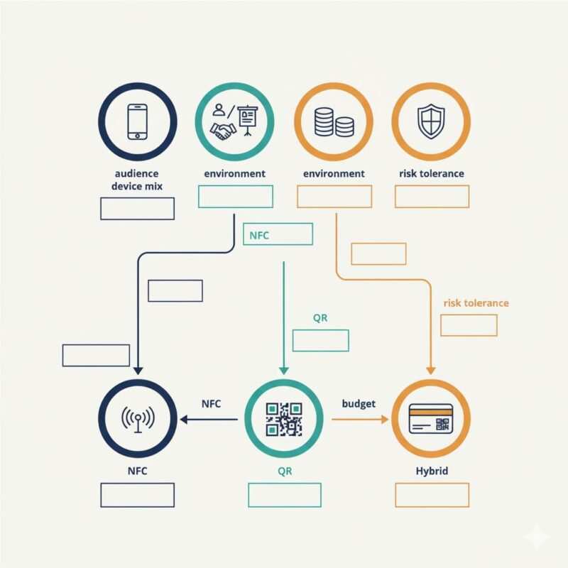 A clean decision‑flow graphic with three outcomes—NFC, QR code, or Hybrid—using icons and arrows, leaving room for text labels.