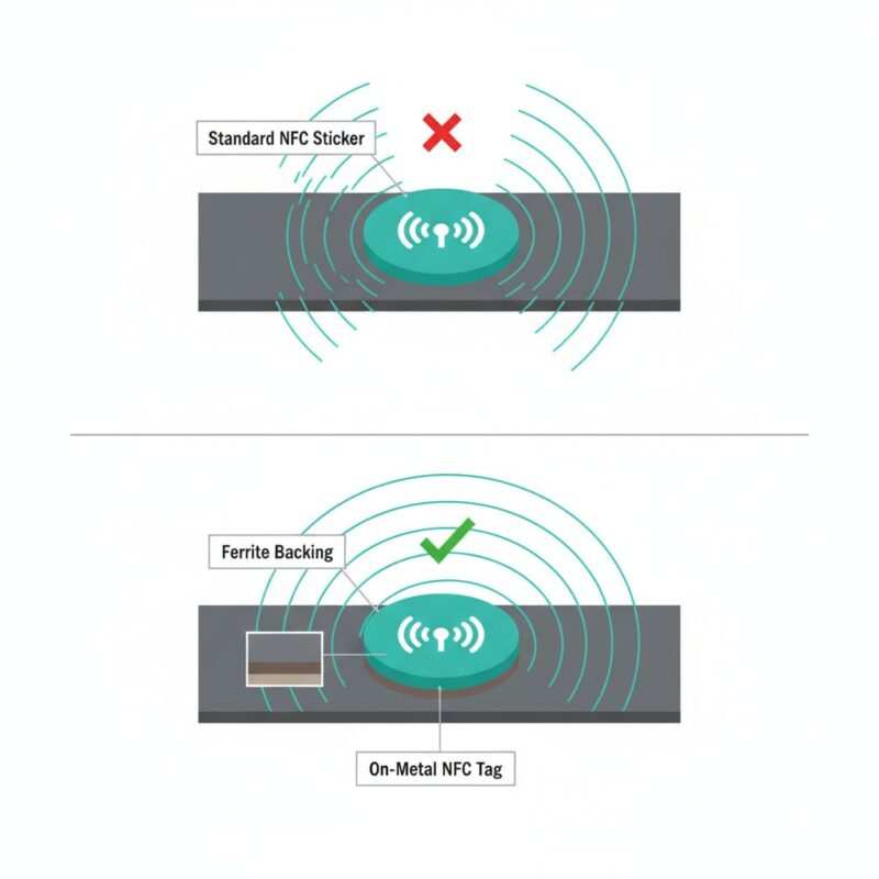 Diagram showing an NFC sticker on a metal surface failing, and an on‑metal ferrite‑backed tag working, with check and X icons.