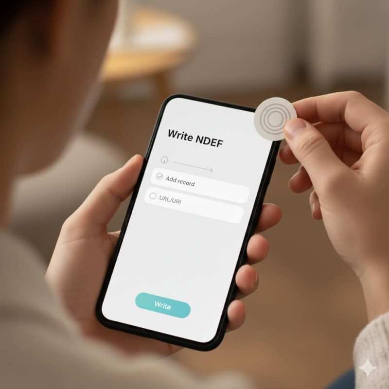 Over‑the‑shoulder view of a phone running a generic NFC app with a “Write NDEF” screen showing Add record > URL and a “Write” button; a blank NTAG sticker is held near the phone.