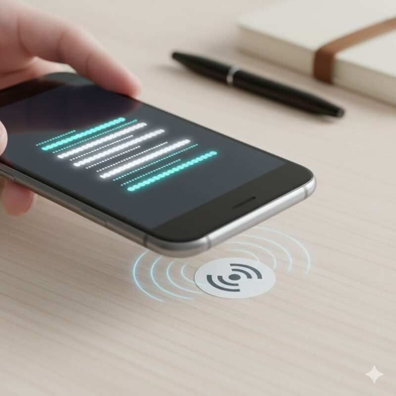 Close‑up of a smartphone writing a URL to a small NTAG213 NFC sticker on a table.