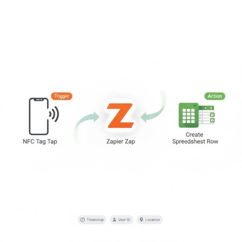 Flowchart showing Zapier automation connecting an NFC tap trigger through webhook to Google Sheets create row action
