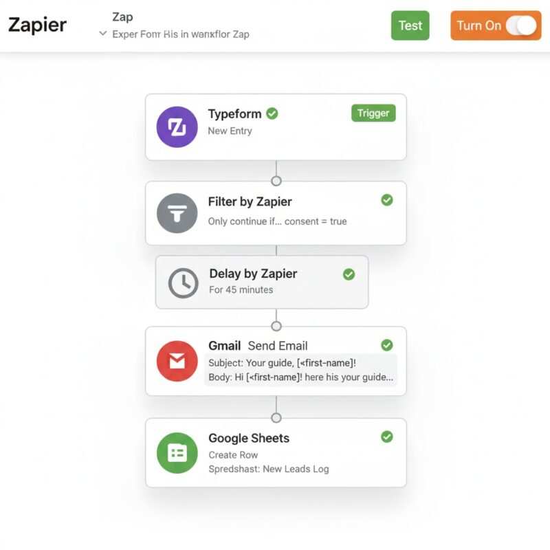 Zapier automation dashboard interface displaying trigger, filter, delay, and Gmail send email action steps for NFC business card follow-up workflow