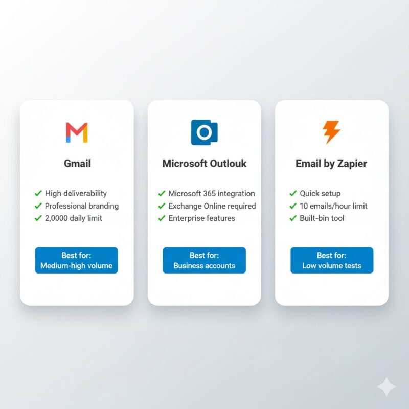 Comparison of email automation options showing Gmail, Microsoft Outlook, and Email by Zapier logos with feature highlights for NFC card follow-ups