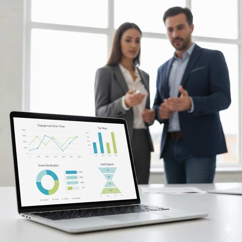 Abstract analytics dashboard with charts for link clicks, saves, event attribution, and rep activity; two colleagues reviewing results.