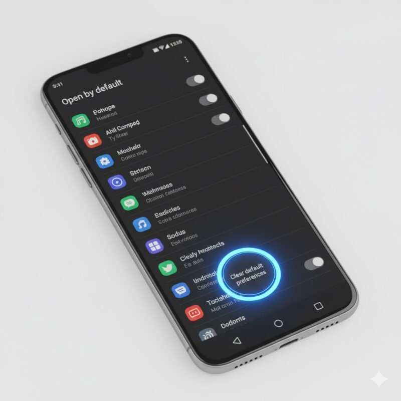  An instructional diagram of the Android settings screen, with a glowing circle highlighting the "Clear default preferences" button.