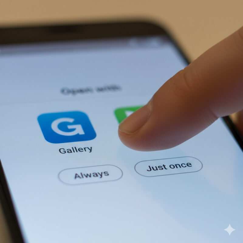 A close-up macro shot of an Android phone screen showing the "Open with" dialog, with a finger about to accidentally tap "Always" on the wrong app.