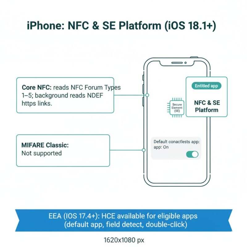 Diagram of an iPhone showing Secure Element, an approved app with entitlement, and a default contactless app toggle; notes on Core NFC tag reading and EEA HCE on iOS 17.4+.
