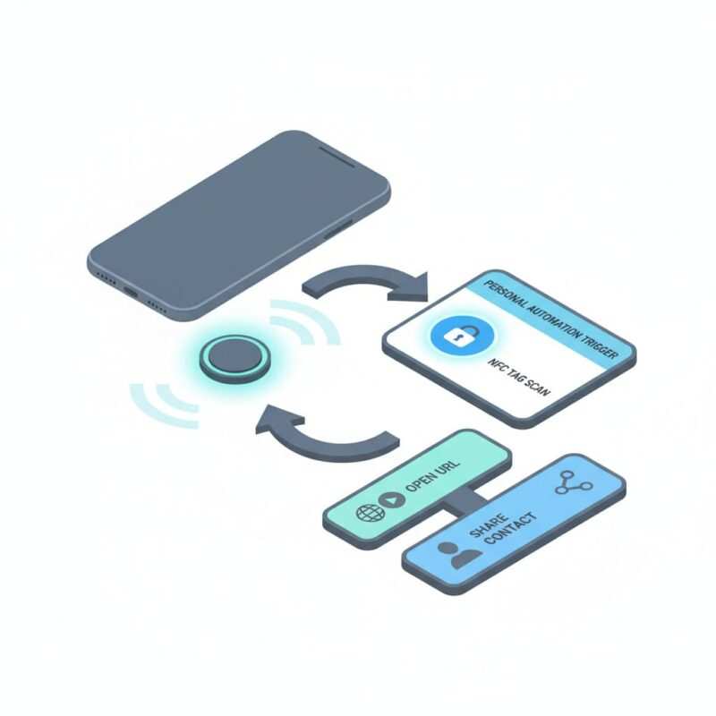 Illustration showing a generic phone scanning an NFC tag and a flow of actions like Open URL and Share Contact.