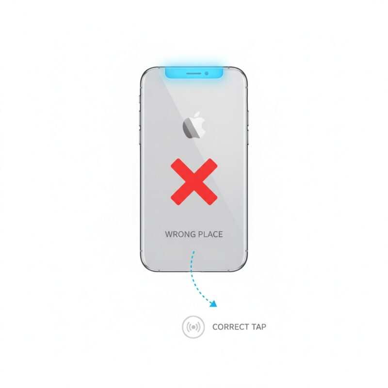 A clear diagram showing the NFC antenna location on the top edge of an iPhone and the correct way to tap it against an NFC tag.