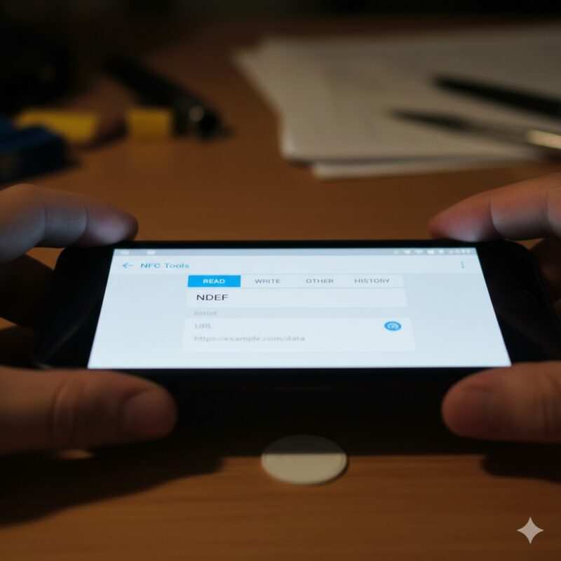 A close-up, over-the-shoulder shot of a person using the 'NFC Tools' app on their iPhone to successfully write data to a blank NFC tag.