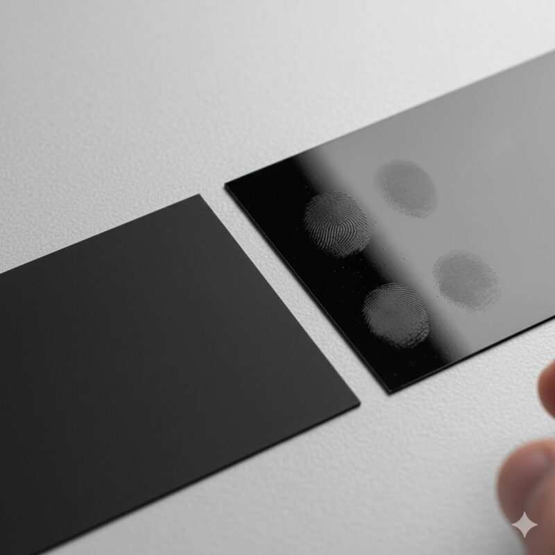 Close-up comparison showing clean matte finish business card next to glossy business card with visible fingerprint smudges after handling