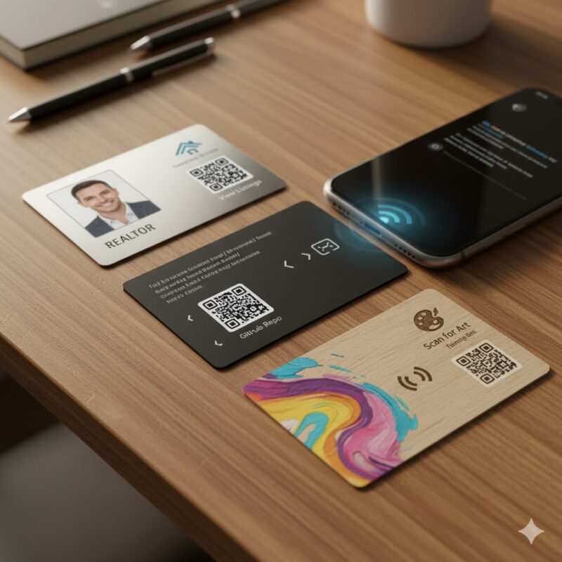 Real-world examples of NFC business cards for real estate, software developers, and creative professionals, highlighting customized designs and digital integration.