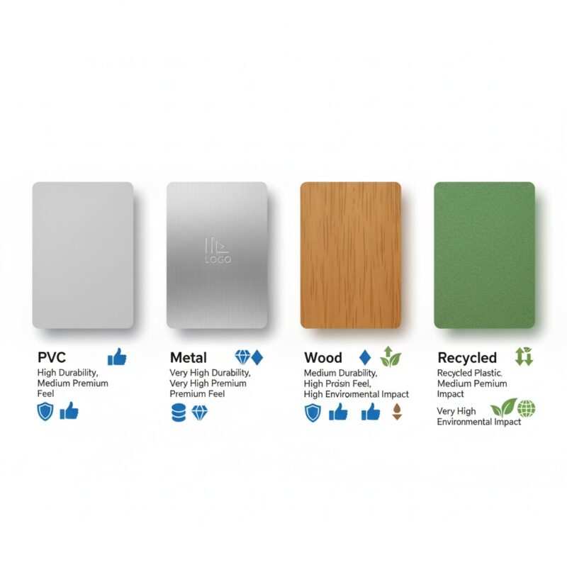 Comparison of NFC business card materials including PVC, metal, wood, and recycled plastic for durability, premium feel, and environmental impact.