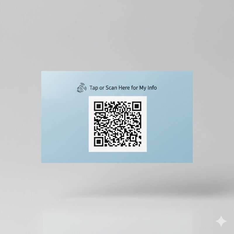 Back side of an NFC business card with centered QR code placement, tap instructions, and quiet zone for easy scanning and contact sharing.