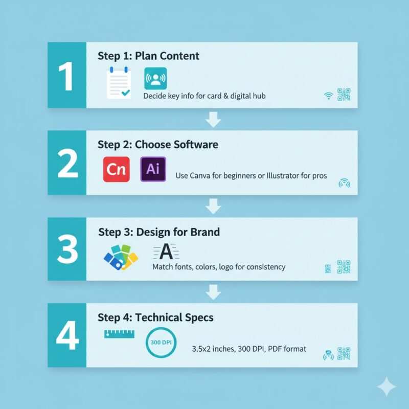 Step-by-step infographic for designing an NFC business card, including content planning, software choice, and technical specs for professional results.