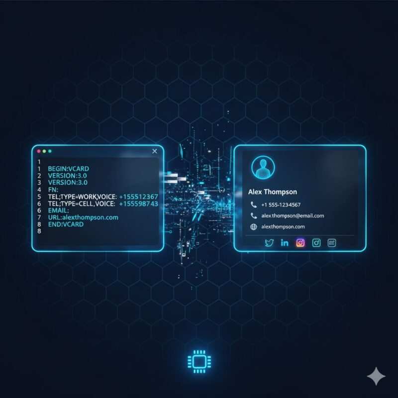 Digital visualization of VCF file code transforming into organized contact information with glowing data connections